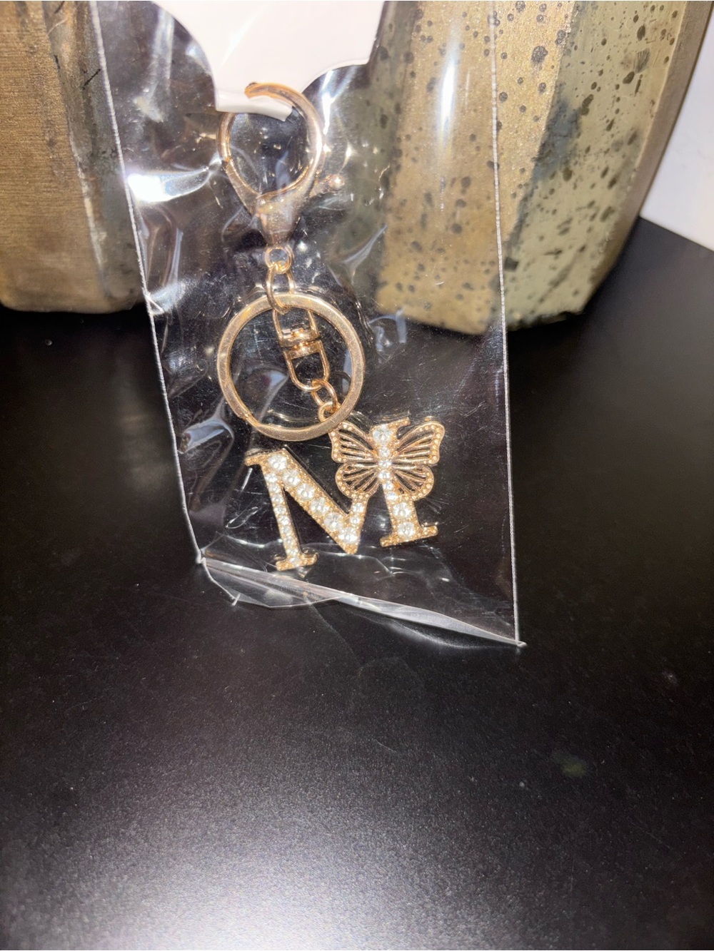 Gold Initial 'M' Crystal Keychain with Butterfly Charm